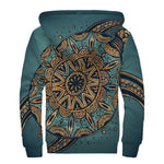Tribal Sea Turtle Print Sherpa Lined Zip Up Hoodie