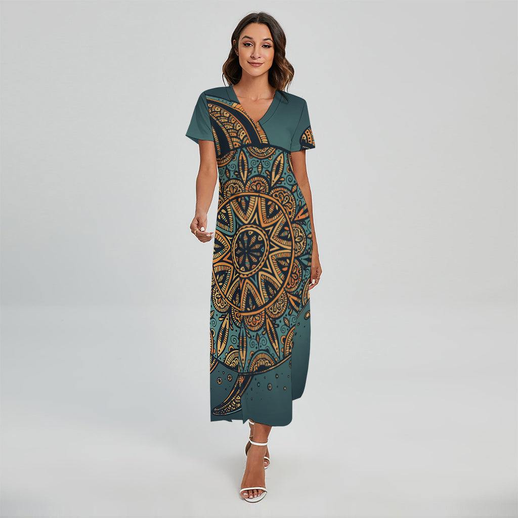 Tribal Sea Turtle Print Short Sleeve Maxi Dress