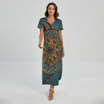 Tribal Sea Turtle Print Short Sleeve Maxi Dress