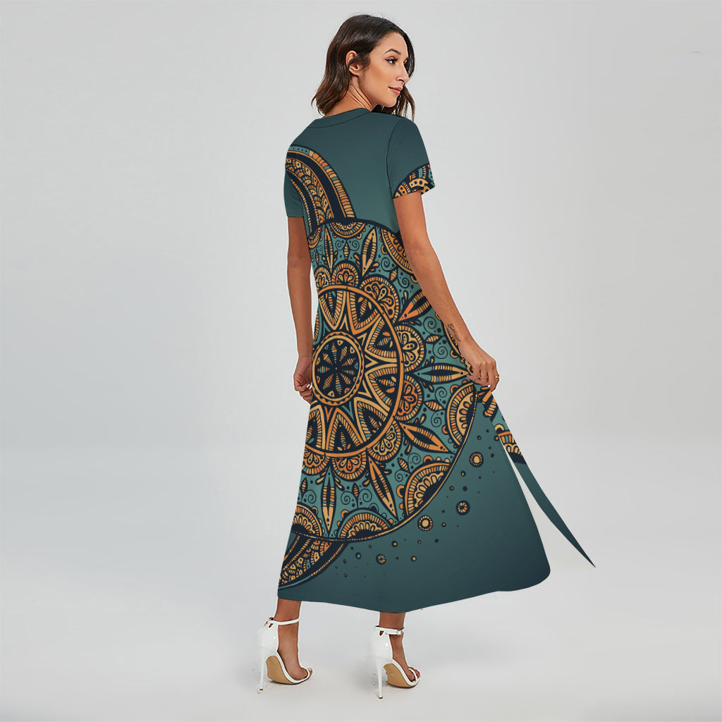 Tribal Sea Turtle Print Short Sleeve Maxi Dress