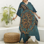 Tribal Sea Turtle Print Silk V-Neck Kaftan Dress