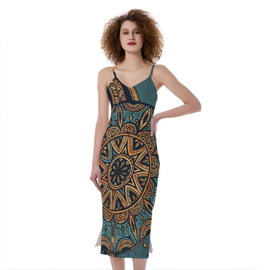 Tribal Sea Turtle Print Slim Fit Midi Cami Dress