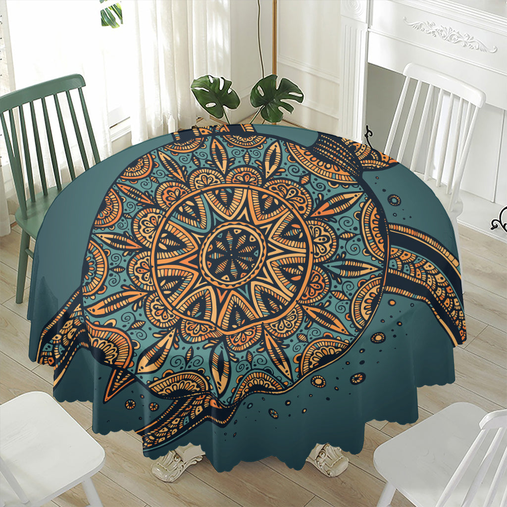 Tribal Sea Turtle Print Waterproof Round Tablecloth