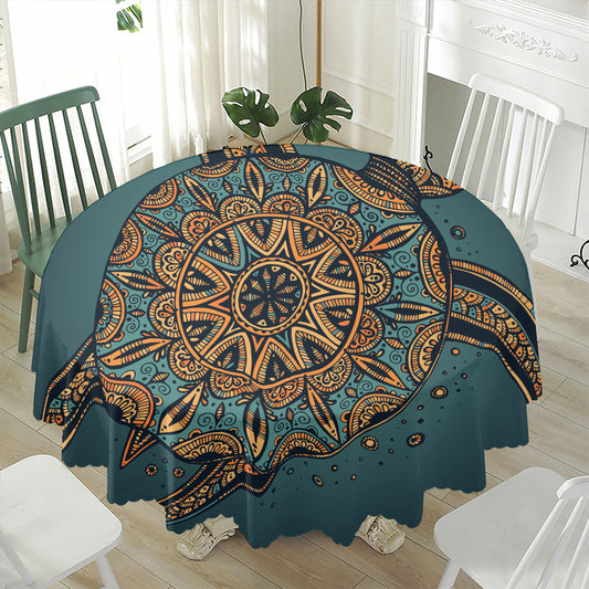 Tribal Sea Turtle Print Waterproof Round Tablecloth