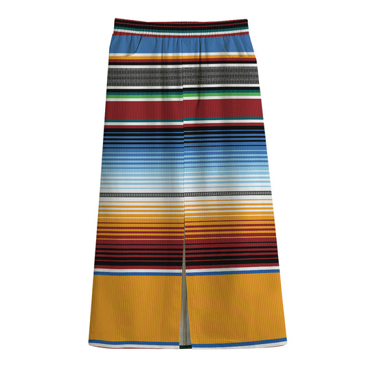 Tribal Serape Blanket Pattern Print Cotton Front Slit Maxi Skirt