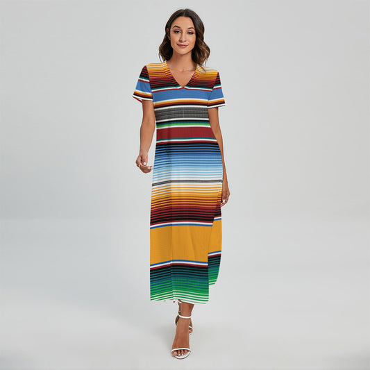 Tribal Serape Blanket Pattern Print Short Sleeve Maxi Dress