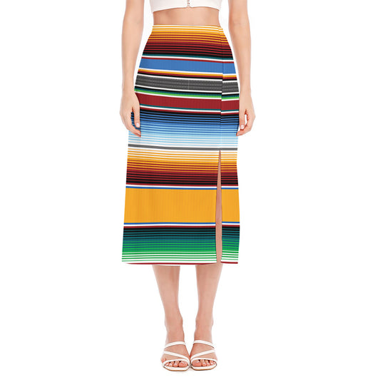 Tribal Serape Blanket Pattern Print Side Slit Midi Skirt