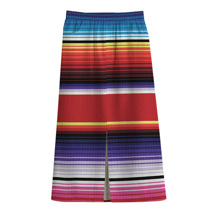 Tribal Serape Blanket Stripe Print Cotton Front Slit Maxi Skirt