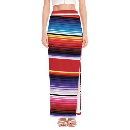 Tribal Serape Blanket Stripe Print High Slit Maxi Skirt