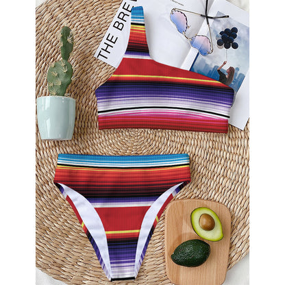 Tribal Serape Blanket Stripe Print One Shoulder Bikini Top