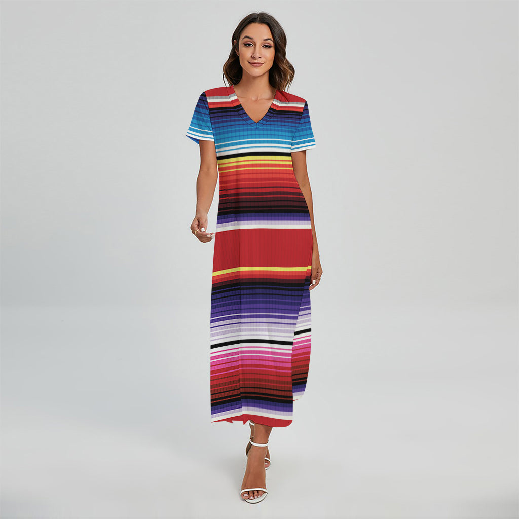 Tribal Serape Blanket Stripe Print Short Sleeve Maxi Dress