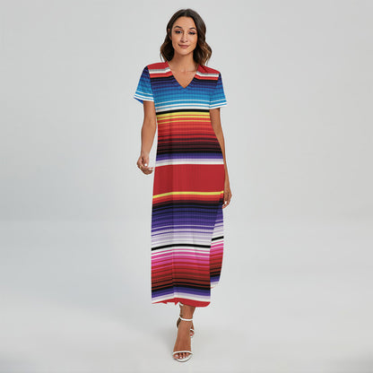 Tribal Serape Blanket Stripe Print Short Sleeve Maxi Dress