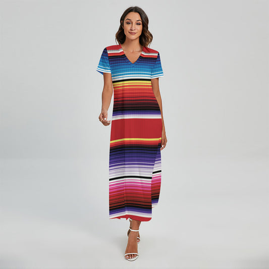 Tribal Serape Blanket Stripe Print Short Sleeve Maxi Dress