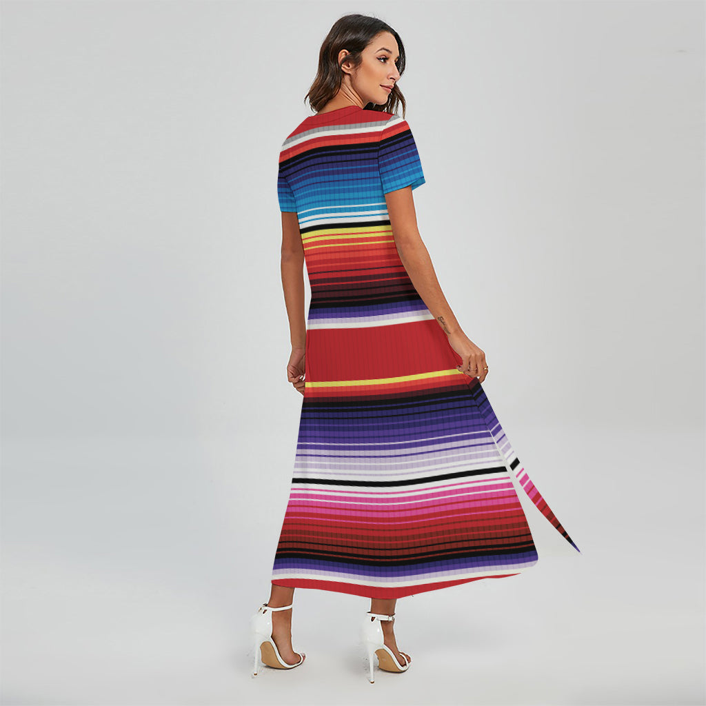 Tribal Serape Blanket Stripe Print Short Sleeve Maxi Dress