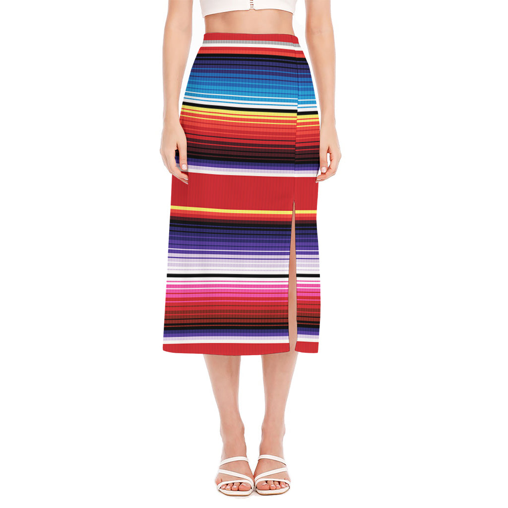 Tribal Serape Blanket Stripe Print Side Slit Midi Skirt