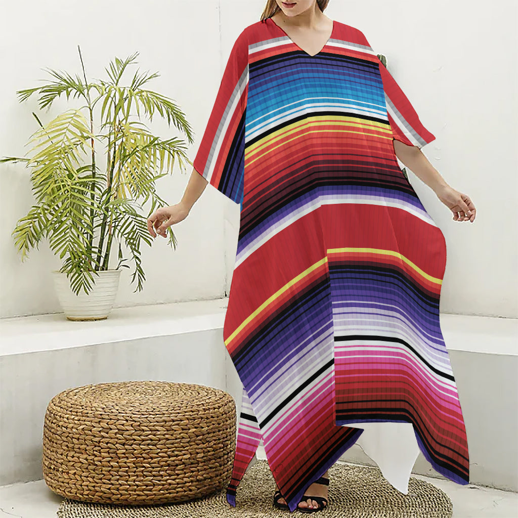 Tribal Serape Blanket Stripe Print Silk V-Neck Kaftan Dress