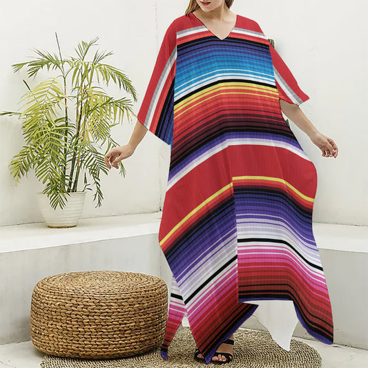 Tribal Serape Blanket Stripe Print Silk V-Neck Kaftan Dress