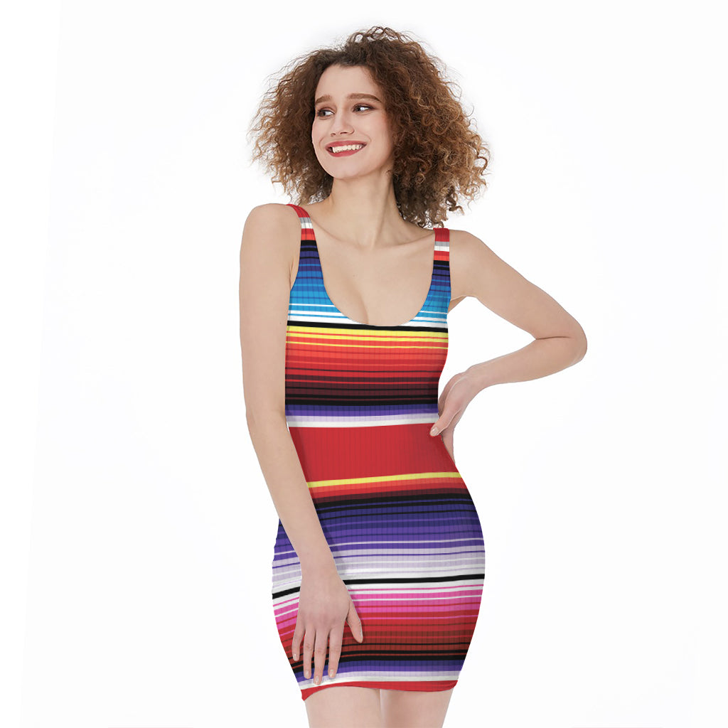 Tribal Serape Blanket Stripe Print Sleeveless Bodycon Dress