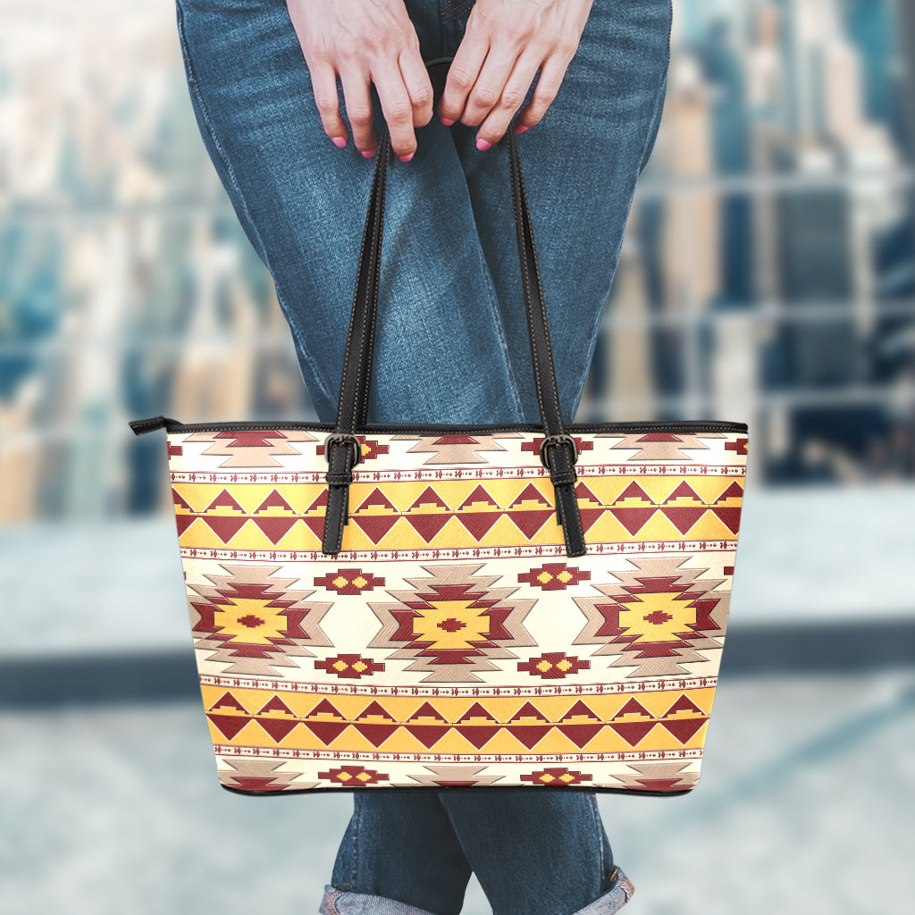 Tribal Southwestern Navajo Pattern Print Leather Tote Bag