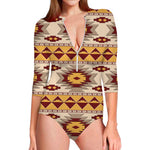 Tribal Southwestern Navajo Pattern Print Long Sleeve Swimsuit