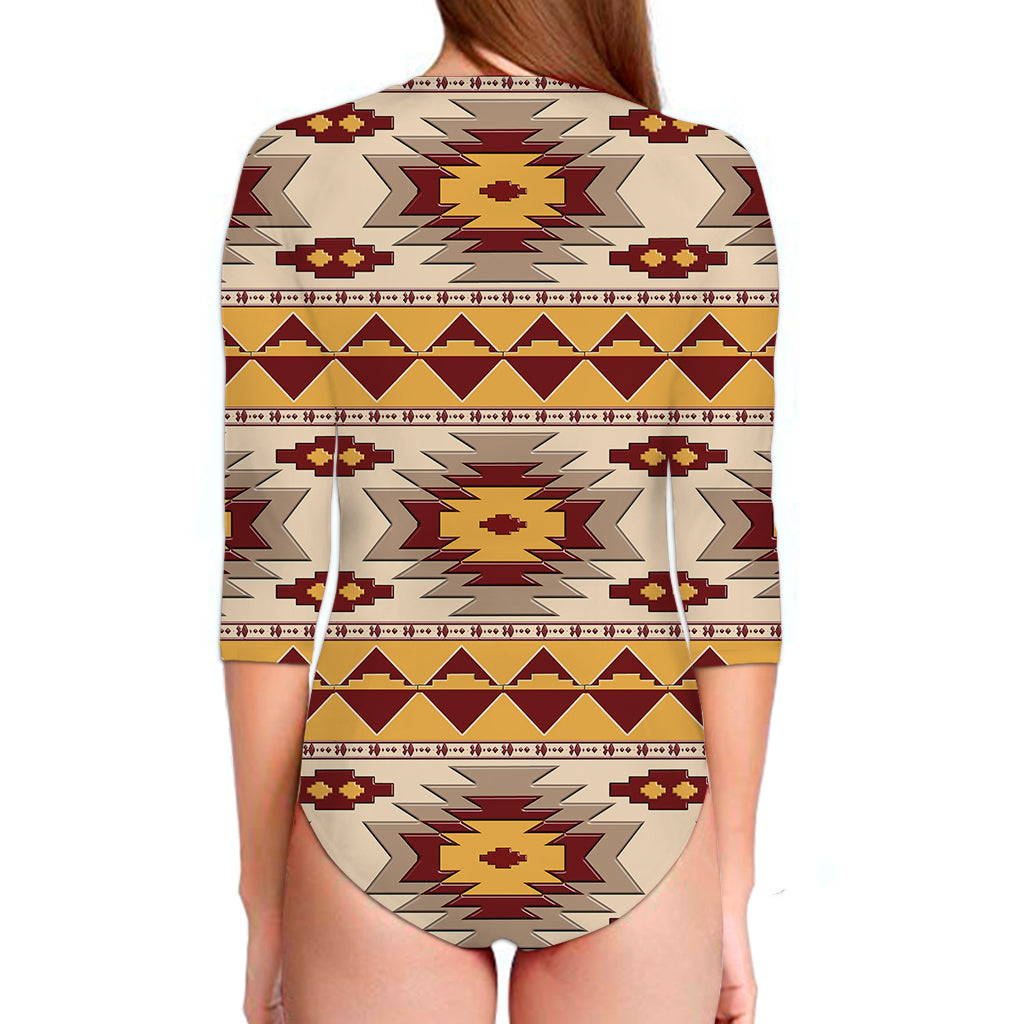 Tribal Southwestern Navajo Pattern Print Long Sleeve Swimsuit
