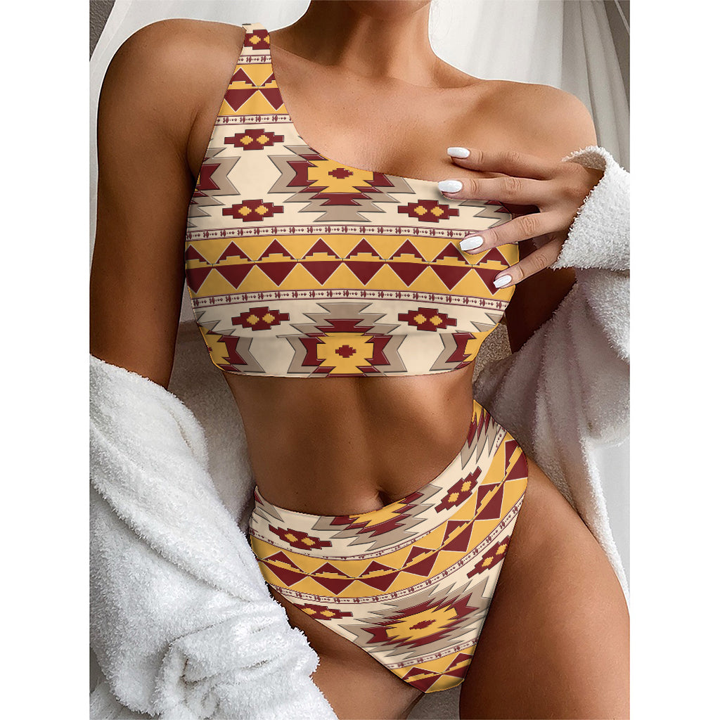 Tribal Southwestern Navajo Pattern Print One Shoulder Bikini Top