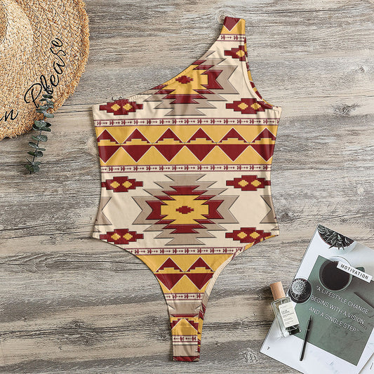 Tribal Southwestern Navajo Pattern Print One Shoulder Bodysuit