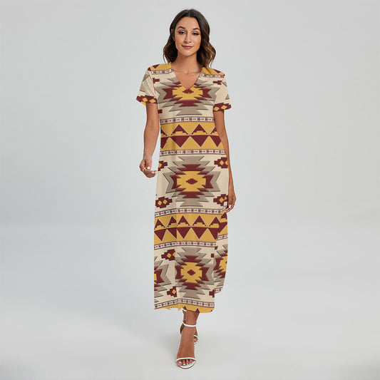 Tribal Southwestern Navajo Pattern Print Short Sleeve Maxi Dress