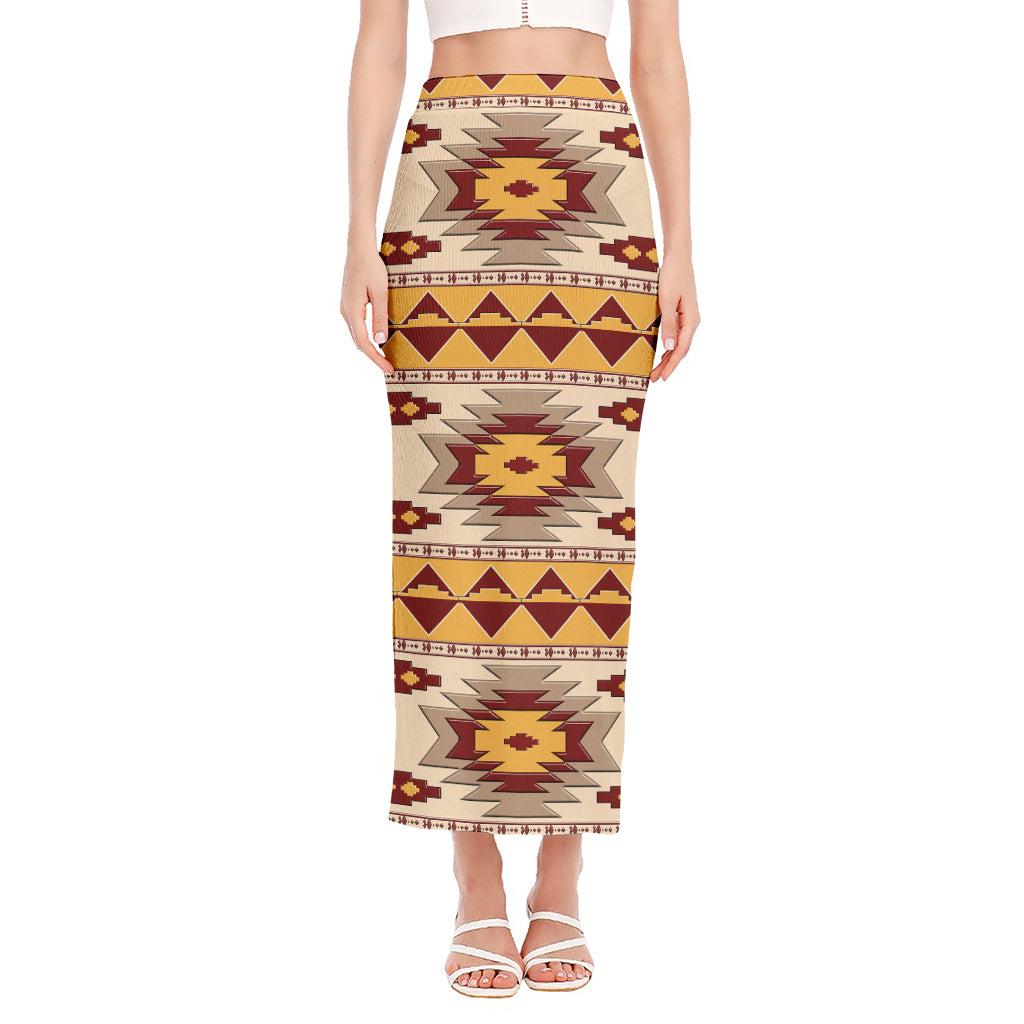 Tribal Southwestern Navajo Pattern Print Side Slit Maxi Skirt