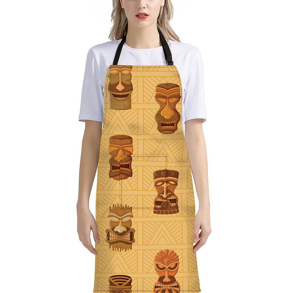 Tribal Tiki Mask Pattern Print Bib Apron With Pocket