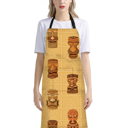 Tribal Tiki Mask Pattern Print Bib Apron With Pocket