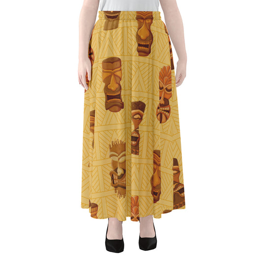 Tribal Tiki Mask Pattern Print Chiffon Maxi Skirt