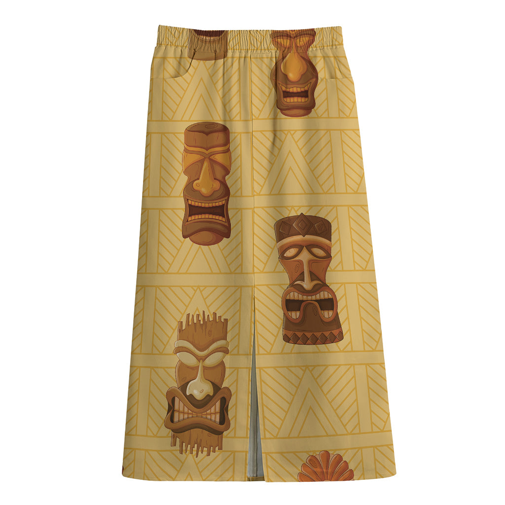 Tribal Tiki Mask Pattern Print Cotton Front Slit Maxi Skirt