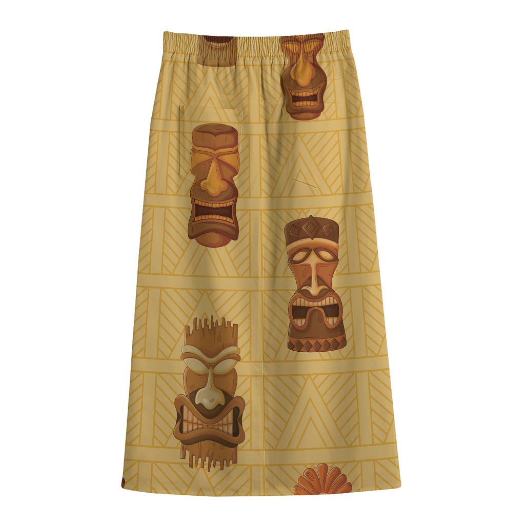Tribal Tiki Mask Pattern Print Cotton Front Slit Maxi Skirt
