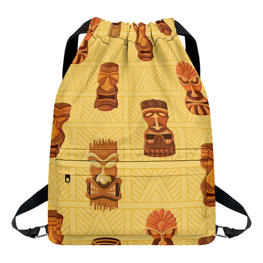 Tribal Tiki Mask Pattern Print Drawstring Backpack