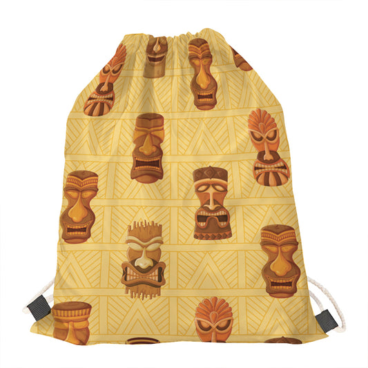 Tribal Tiki Mask Pattern Print Drawstring Bag