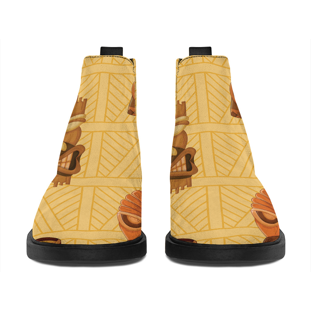 Tribal Tiki Mask Pattern Print Flat Ankle Boots