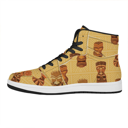 Tribal Tiki Mask Pattern Print High Top Leather Sneakers