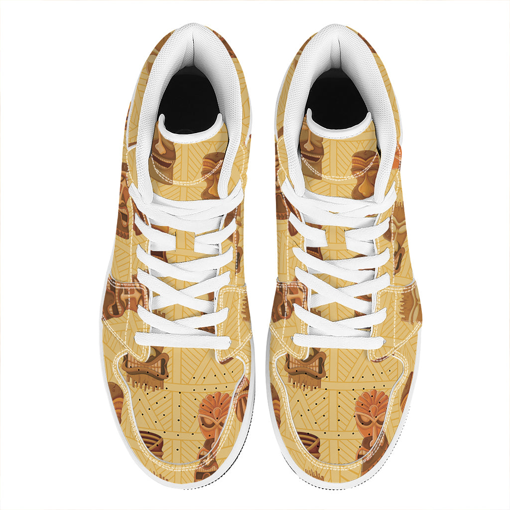 Tribal Tiki Mask Pattern Print High Top Leather Sneakers