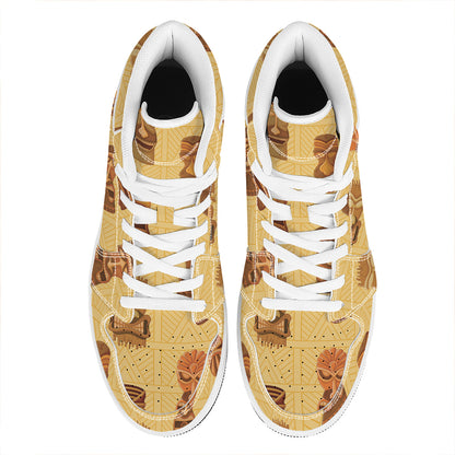 Tribal Tiki Mask Pattern Print High Top Leather Sneakers