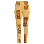 Tribal Tiki Mask Pattern Print High-Waisted Pocket Leggings