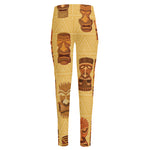 Tribal Tiki Mask Pattern Print High-Waisted Pocket Leggings