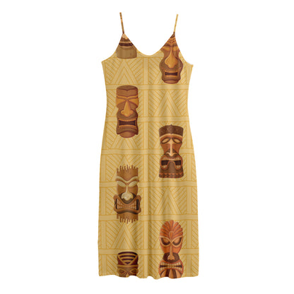 Tribal Tiki Mask Pattern Print Jersey Midi Cami Dress