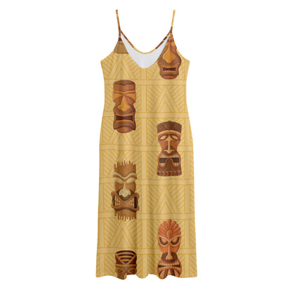 Tribal Tiki Mask Pattern Print Jersey Midi Cami Dress