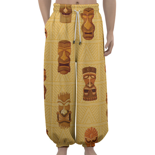 Tribal Tiki Mask Pattern Print Lantern Pants