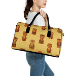 Tribal Tiki Mask Pattern Print Leather Duffle Bag