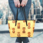 Tribal Tiki Mask Pattern Print Leather Tote Bag