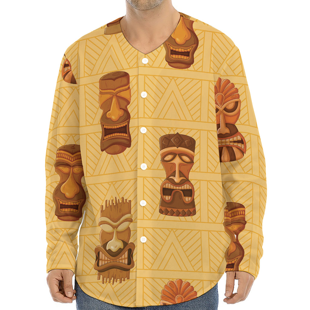 Tribal Tiki Mask Pattern Print Long Sleeve Baseball Jersey