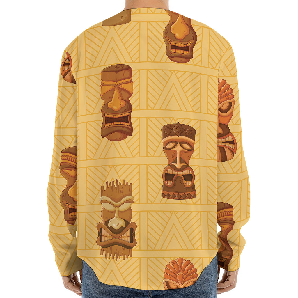 Tribal Tiki Mask Pattern Print Long Sleeve Baseball Jersey