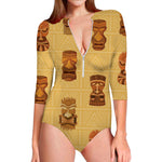 Tribal Tiki Mask Pattern Print Long Sleeve Swimsuit